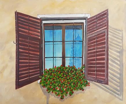 Okno Bevčeve gostilne (Akril-platno - 2022) Irena Gorenc